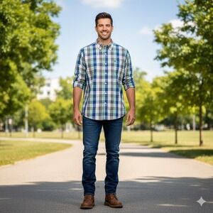 Chaps Mens Size Large Button Shirt Blue Green Plaid Stretch Easy Care Preppy